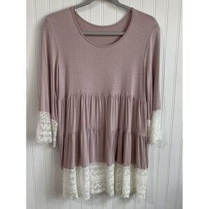 Womens Medium Pink with Ivory Lace‎ Trim Tiered Babydoll Tunic Top